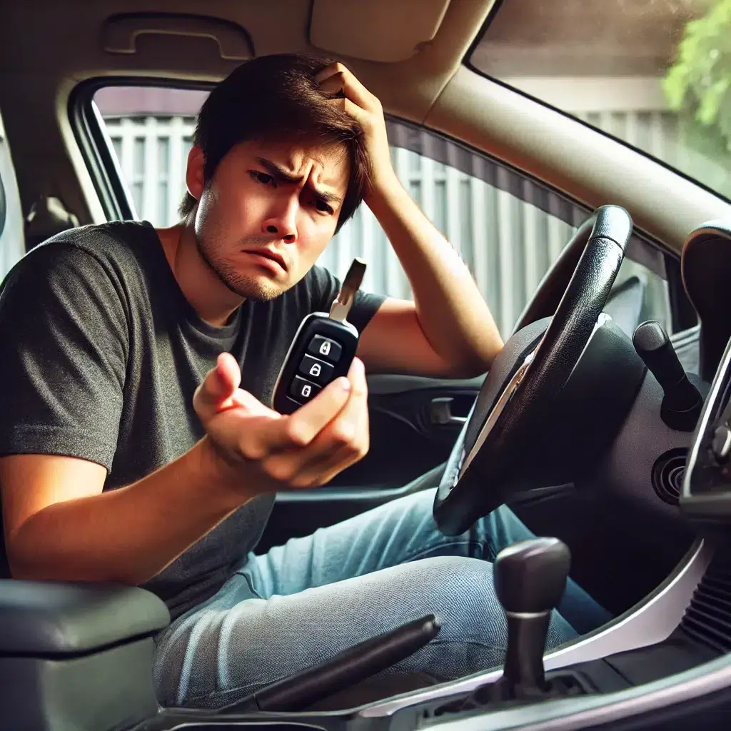 Homme perplexe tenant une clé de voiture.