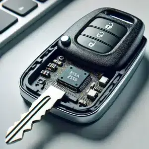 Clé de voiture avec circuit électronique visible.