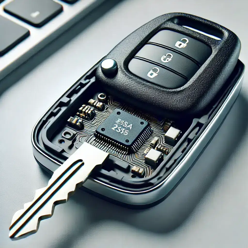 Clé de voiture avec circuit électronique visible.
