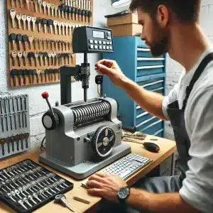 Homme fabricant une clé avec une machine.