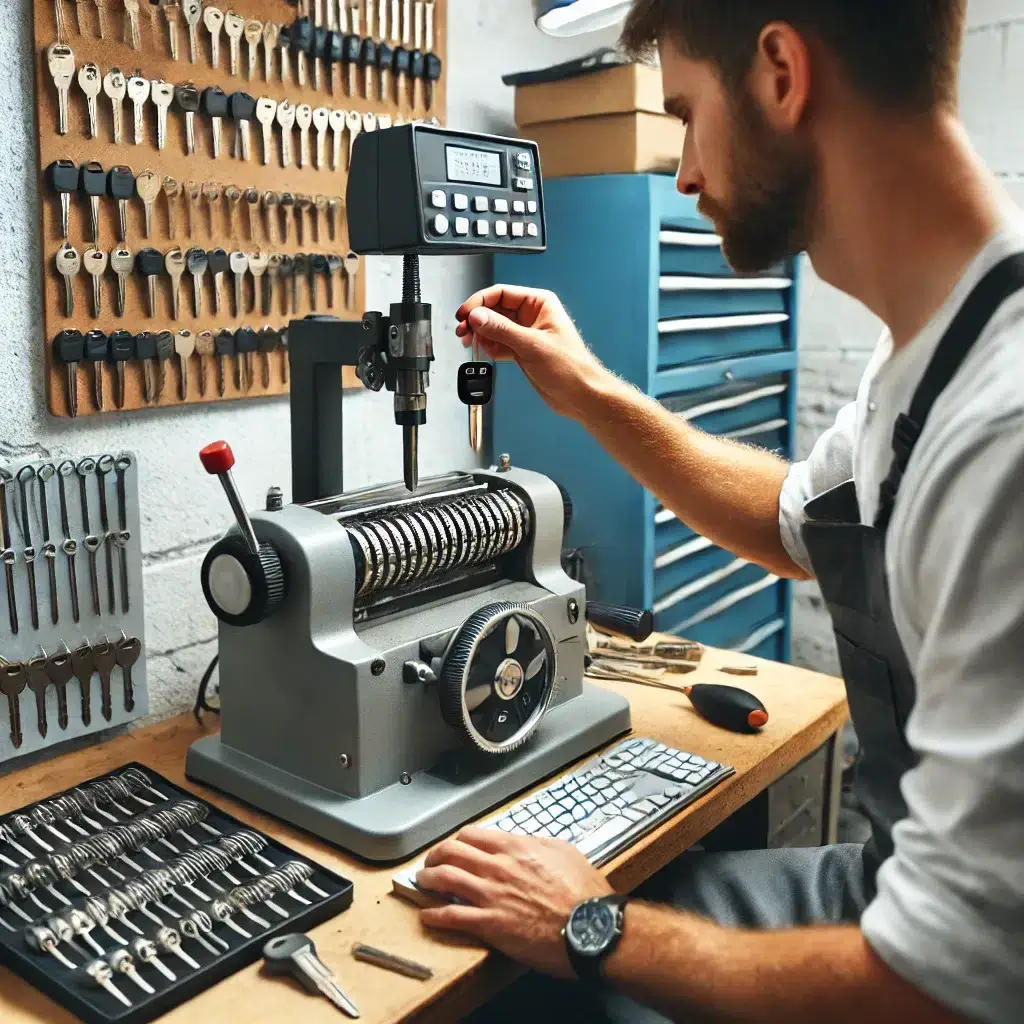 Homme fabricant une clé avec une machine.