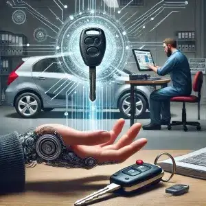 Homme travaillant sur ordinateur près de voiture et clé.