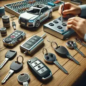 Clés de voiture et maquette sur table en bois.