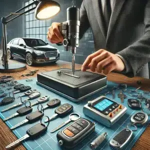 Réparation de clés de voiture avec outils spécialisés.