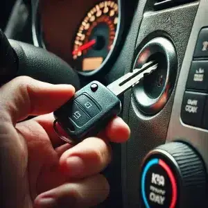 Clé de voiture insérée dans le contact.