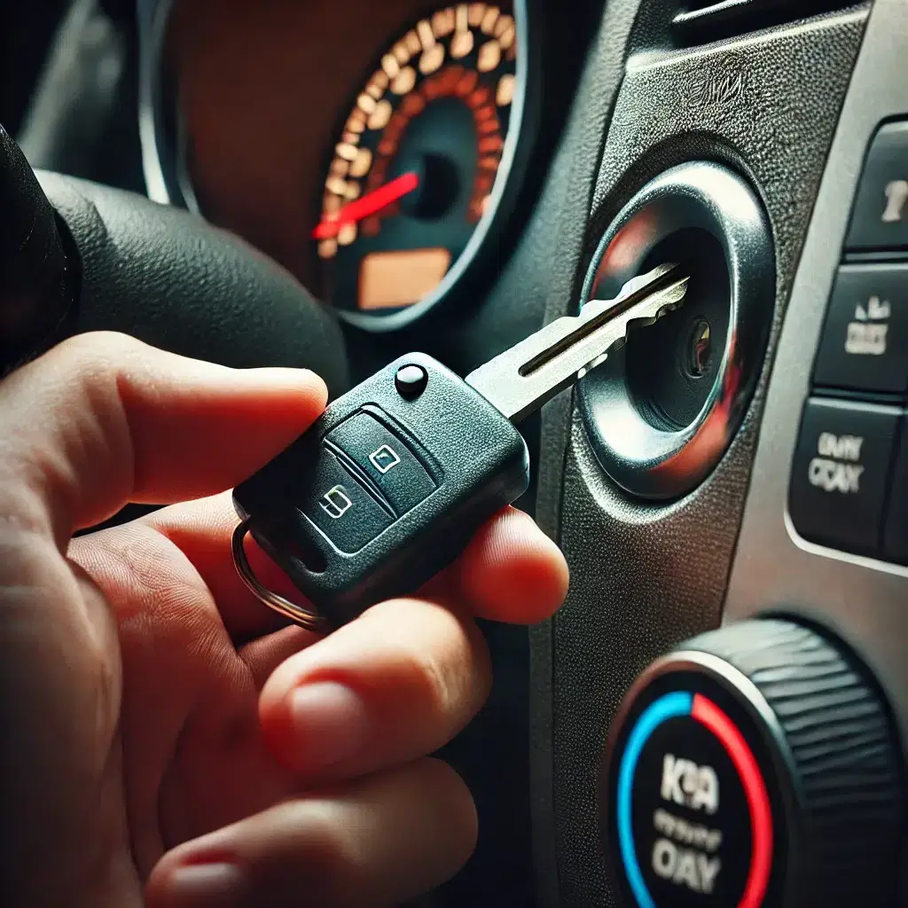 Clé de voiture insérée dans le contact.