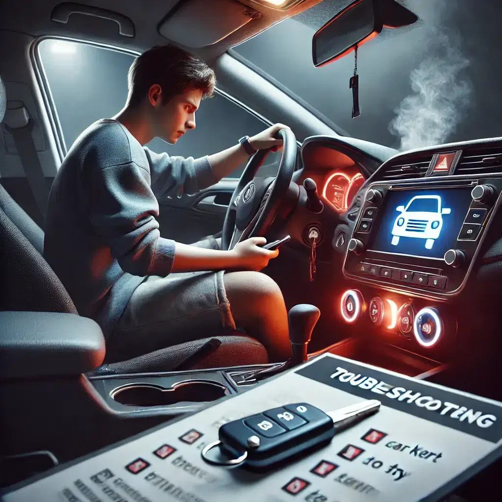 Homme vérifiant le tableau de bord de la voiture.