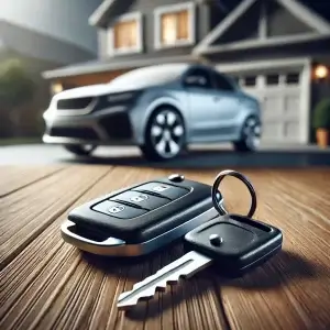 Clé de voiture devant une maison moderne.