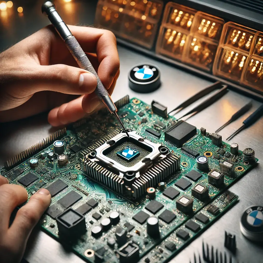 Main assemblant un circuit électronique avec puce.