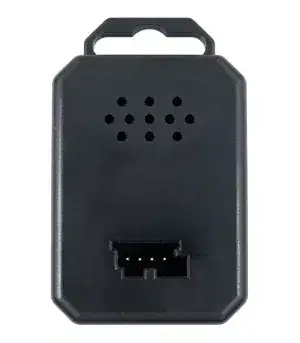 Boîtier noir avec connecteur et trous de ventilation.