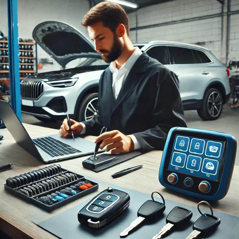 Technicien programmant clés de voiture avec ordinateur portable.
