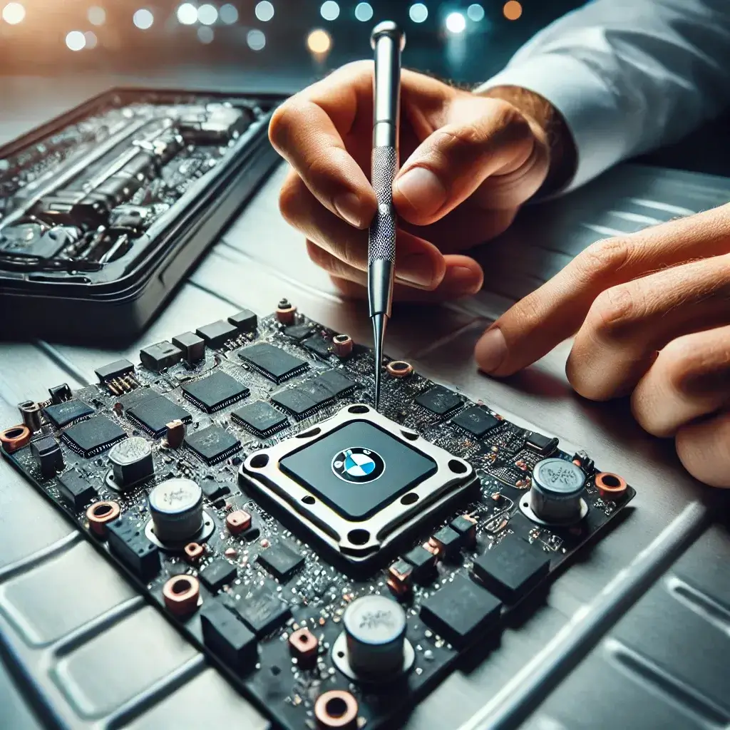 Main réparant une carte mère d'ordinateur.